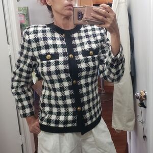 oleg cassini vtg Preppy academia black and white tweed plaid check tweed blazer